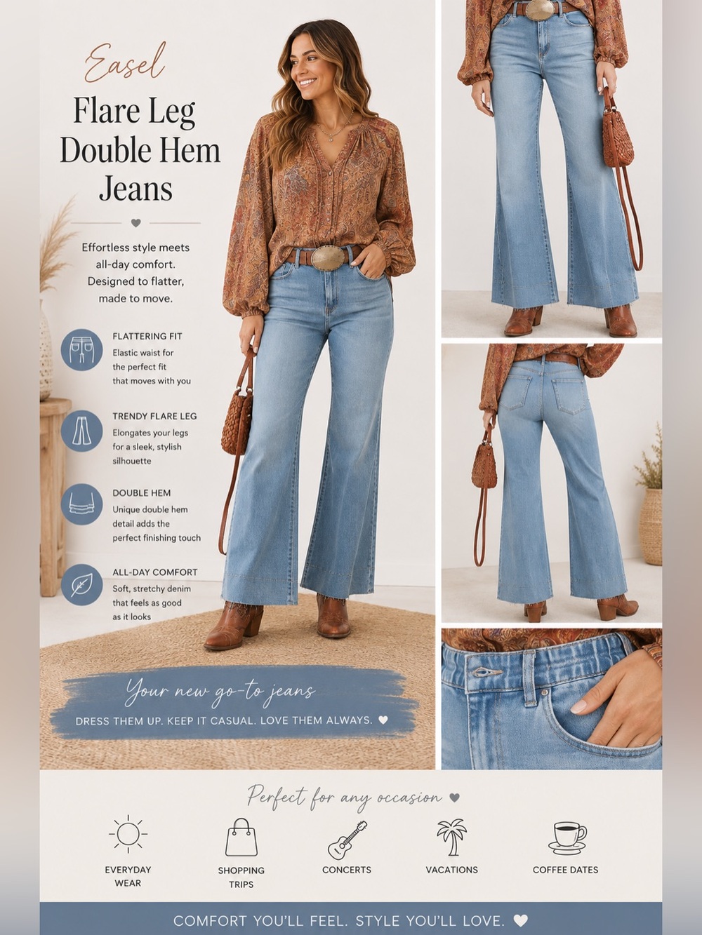Easel Flare Leg Elastic Waist Double Hem Jeans Large